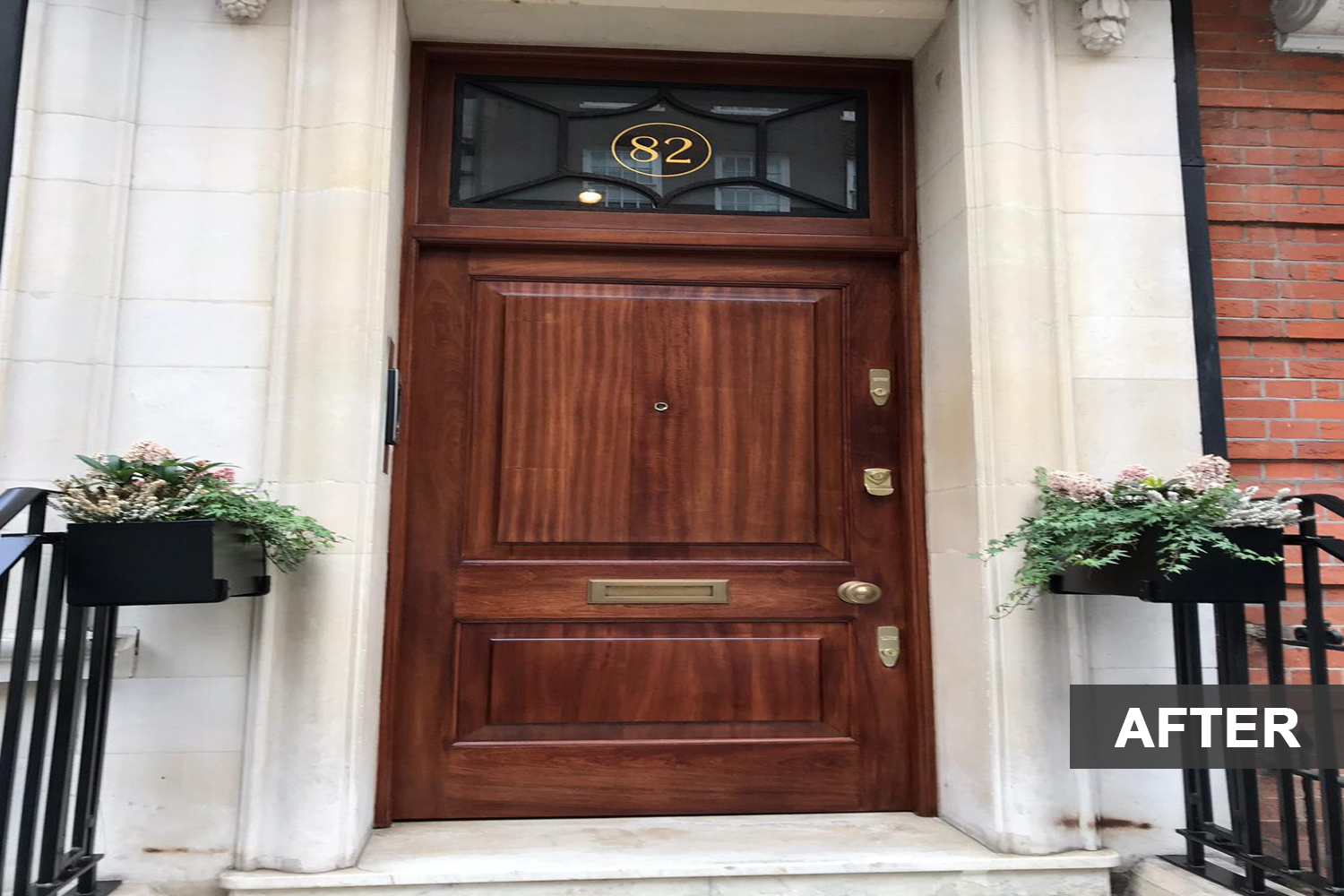 A wooden front door after weather resistant finishes