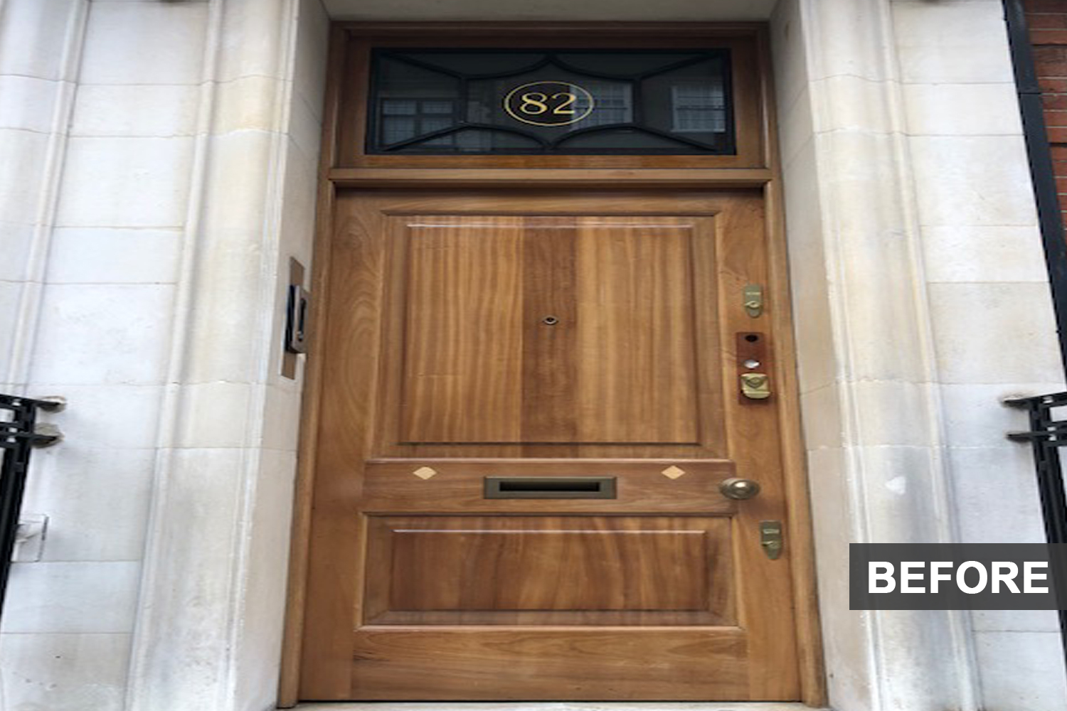 A wooden front door before weather resistant finishes